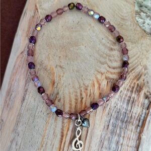 Purple Glass Beaded Bracelet with Treble Clef Charm